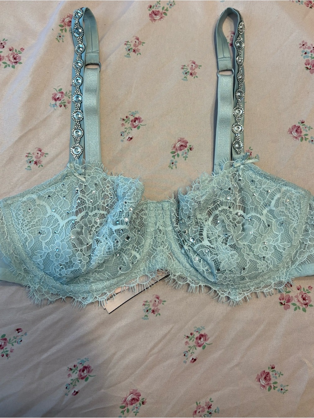 Victoria's Secret Light Blue Lace Balconette Bra with Jeweled Straps